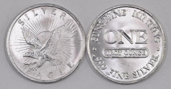 Group of (2) Sunshine Minting Eagle 1oz. .999 Fine Silver Rounds.