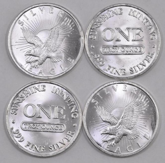 Group of (4) Sunshine Minting Eagle 1oz. .999 Fine Silver Rounds.
