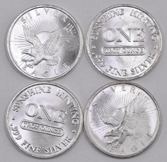 Group of (4) Sunshine Minting Eagle 1oz. .999 Fine Silver Rounds.