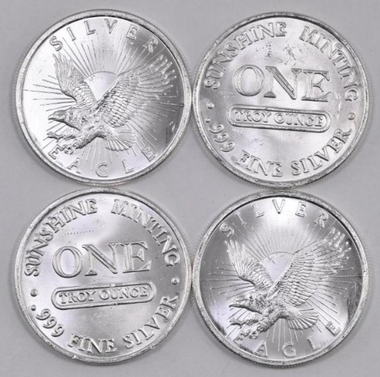 Group of (4) Sunshine Minting Eagle 1oz. .999 Fine Silver Rounds.