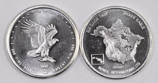 Group of Vintage (2) 1982 Monex International 1oz. .999 Fine Silver Rounds.