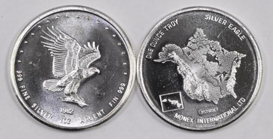Group of Vintage (2) 1982 Monex International 1oz. .999 Fine Silver Rounds.