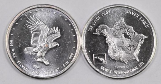 Group of Vintage (2) 1982 Monex International 1oz. .999 Fine Silver Rounds.