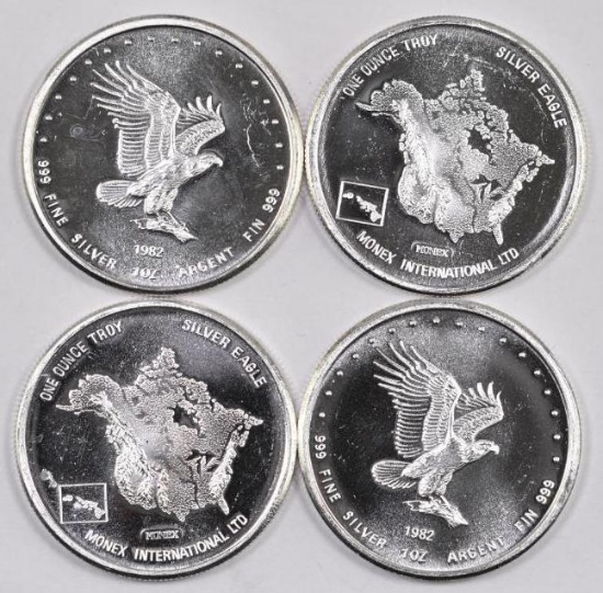 Group of Vintage (4) 1982 Monex International 1oz. .999 Fine Silver Rounds.