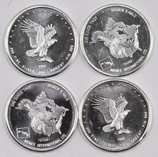 Group of Vintage (4) 1982 Monex International 1oz. .999 Fine Silver Rounds.