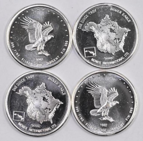 Group of Vintage (4) 1982 Monex International 1oz. .999 Fine Silver Rounds.
