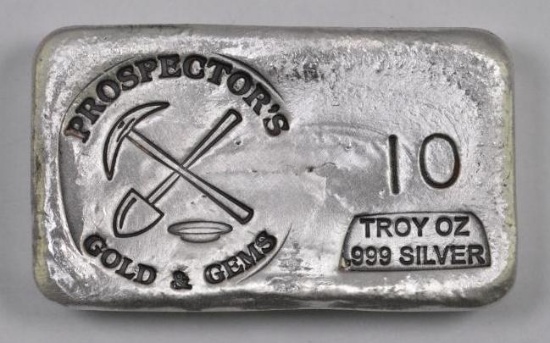 Prospector's Gold & Gems 10oz. .999 Fine Silver Ingot / Bars.