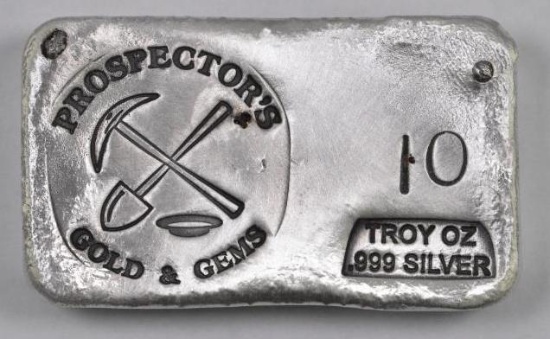 Prospector's Gold & Gems 10oz. .999 Fine Silver Ingot / Bars.
