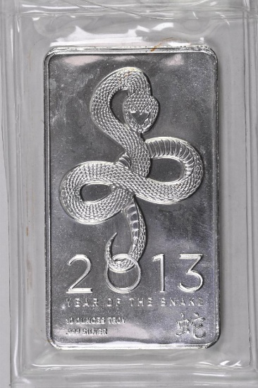 2013 Year of the Snake 10oz. .999 Fine Silver Ingot / Bar.