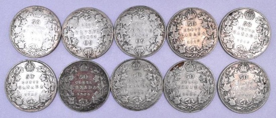 Group of (10) Canada 50 Cents Silver.