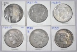 Group of (6) Peace Silver Dollars.