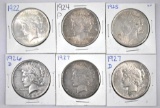 Group of (6) Peace Silver Dollars.