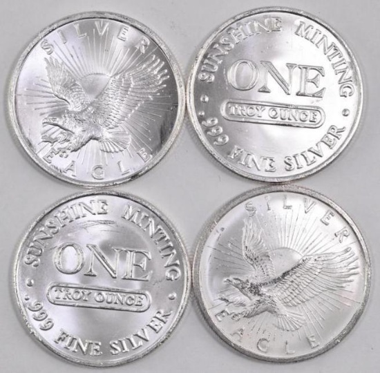 Group of (4) Sunshine Minting 1oz. .999 Fine Silver Rounds.