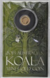 2013 $2 Australian Koala 0.5 Grams .9999 Fine Gold Round.