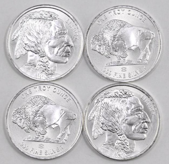 Group of (4) Indian / Buffalo Design 1oz. .999 Fine Silver Rounds.