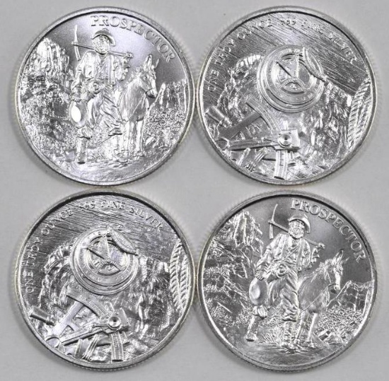 Group of (4) Prospector Design 1oz. .999 Fine Silver Rounds.
