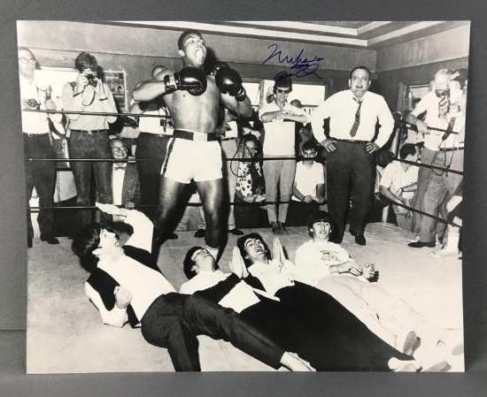 Signed Muhammad Ali vs The Beatles Black and White Photo with COA