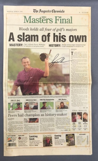 Signed Tiger Woods 2001 Masters Final Augusta Chronicle Newspaper