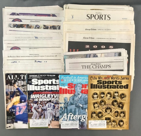 Group of 30+ newspapers, sports sections, and magazines featuring Chicago Sports Moments