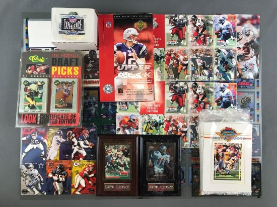 Group of 20+ pieces NFL trading card sheets, boxes, and more