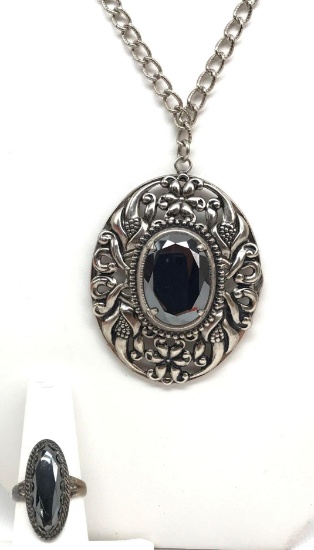 Sterling Silver Marcasite Ring and Pendant Necklace