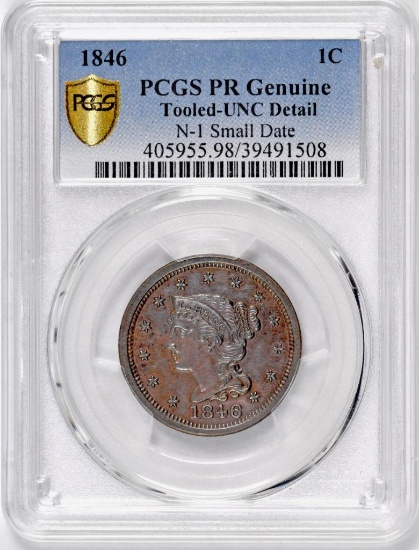 RARE Proof! 1846 Braided Hair Large Cent (PGCS) PR Genuine N-1 Small Date.