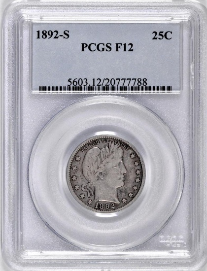 1892 S Barber Silver Quarter (PCGS) F12.