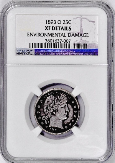 1893 O Barber Silver Quarter (NGC) XF details.