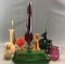 Group of 11 Pieces: Assorted Colored Glass Vases, Bottles + more