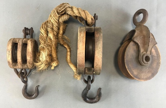 Group of 3: Antique Wooden Block and Tackle/Pulley