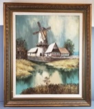 Framed Signed Oil on Canvas : Windmill and Pond Landscape Painting