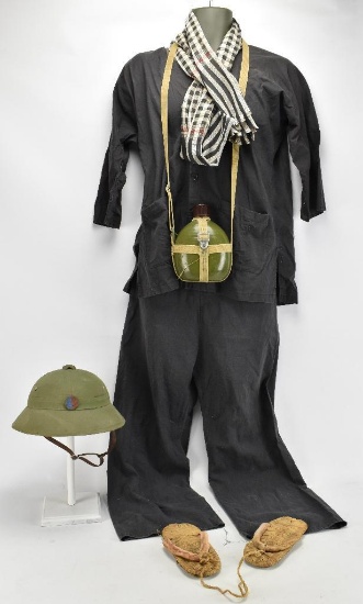 Viet Cong "Pajama" Uniform with Pith Helmet, Canteen, and Sandals | Barnebys