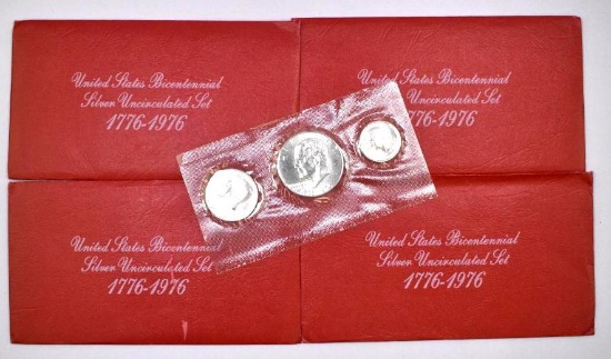 Group of (4) 1976 United States Mint Silver 3-pc Bicentennial Uncirculated Coin Sets.