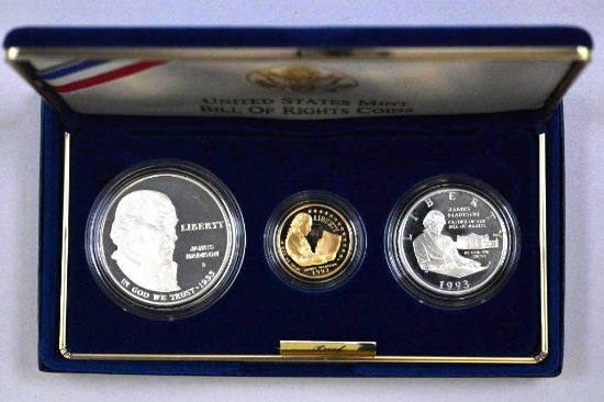 1993 US Bill of Rights 3-Coin Commemorative Proof Set.