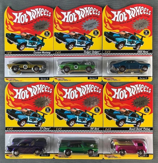 Group of 6 Hot Wheels Red Line Club die-cast vehicles in original packaging