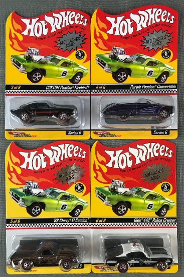 Group of 4 Hot Wheels Red Line Club die-cast vehicles in original packaging