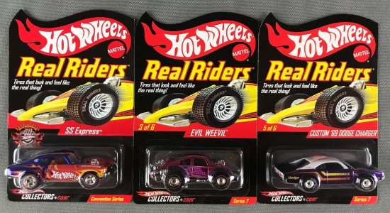 Group of 3 Hot Wheels Real Riders die-cast vehicles in original packaging