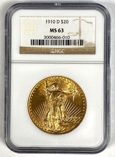 1910 D $20 Gold St Gaudens MS 63