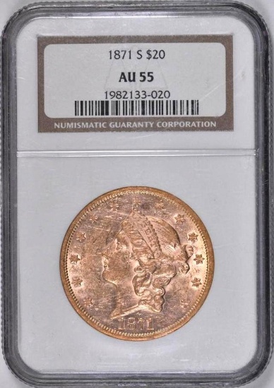 1871 S $20 Liberty Gold (NGC) AU55.