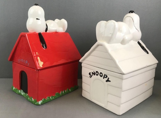 Group of 2 ceramic Peanuts Snoopy and His Dog House cookie jars