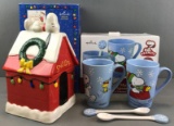 5 piece group Hallmark Peanuts holiday mugs and treat jar in original packaging