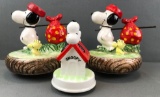 Group of 3 ceramic Peanuts Snoopy and Woodstock Music boxes