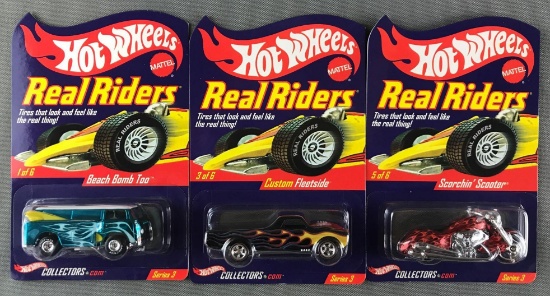 Group of 3 Hot Wheels Real Riders die-cast vehicles in original packaging