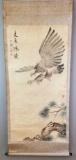 Vintage Asian Painted Scroll Featuring an Attacking Eagle