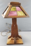 Vintage Arts and Crafts Mission Oak Table Lamp with Slag Glass Shade