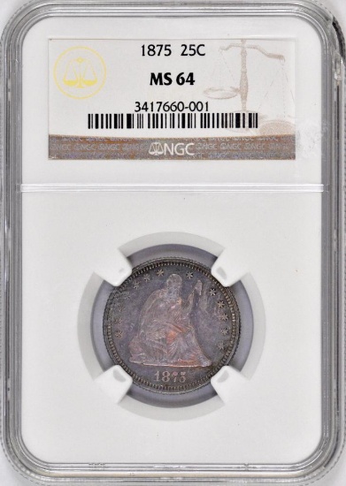 1875 P Seated Liberty Silver Quarter (NGC) MS64