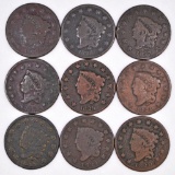 Group of (9) Coronet Head Large Cents