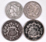 Group of (4) U.S. Type Coins Three Cent Piece Nickel & Shield Nickels