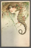 Postcard-Detroit Publishing Schmucker Mermaids Lovers series sample-seahorse