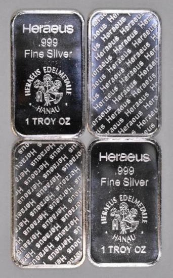 Group of (4) Heraeus 1oz. .999 Fine Silver Ingots / Bars